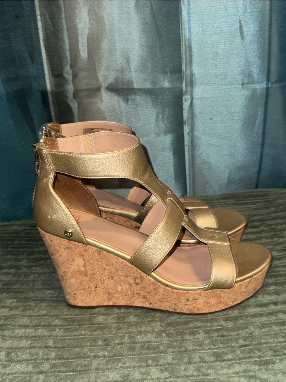 UGG Metallic Gold Cork Wedge Sandals